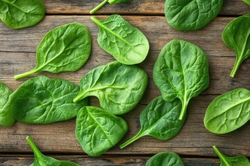 Sticker - A bunch of green spinach leaves are spread out on a wooden surface. The leaves are fresh and vibrant, and they are arranged in a way that creates a sense of abundance and health