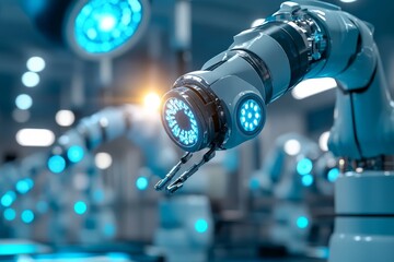 Leinwandbilder - Robotic arm with glowing lights performing tasks in a modern industrial facility