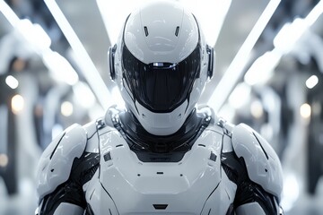 Aufkleber - Futuristic humanoid robot standing in a high-tech facility with sleek design and advanced features