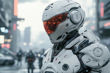 Poster - Futuristic robot soldier standing in a bustling cityscape at dusk with glowing features and advanced technology