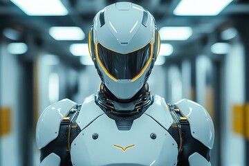 Fototapete - Futuristic humanoid robot stands in a high-tech corridor with glowing accents during a demonstration of advanced technology