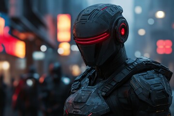 Poster - Futuristic warrior in a neon-lit urban environment with red glowing visor at dusk
