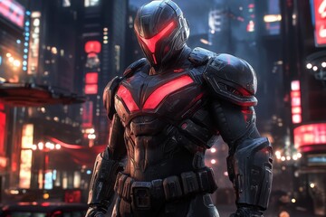 Poster - Futuristic warrior in a neon-lit cityscape at night, showcasing impressive armor details and a powerful stance