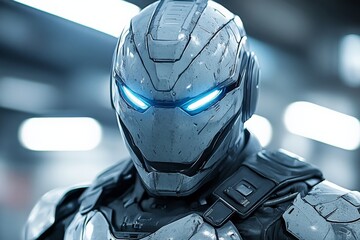 Aufkleber - Futuristic armored figure stands in a high-tech environment with glowing blue eyes and intricate detailing