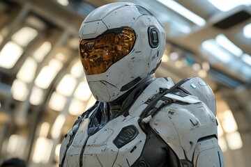 Aufkleber - Futuristic humanoid robot in sleek armor stands in a high-tech environment showcasing advanced technology and design