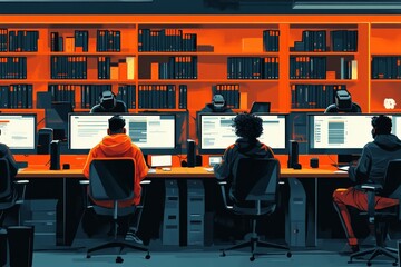 Fototapete - Tech enthusiasts work collaboratively in a modern workspace illuminated by warm orange lights at night