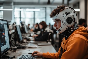 Leinwandbilder - Young man wearing a futuristic headset engaged in computer programming at a tech lab during daylight