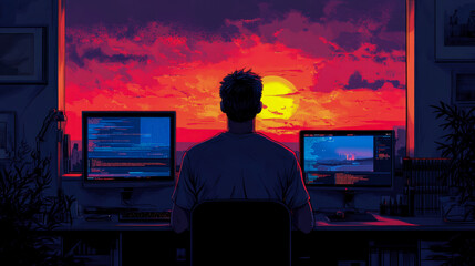 Late Night Coder: Intense Code Work Session Amidst a Fiery Sunset, Programmer typing lines of code with the screen reflecting