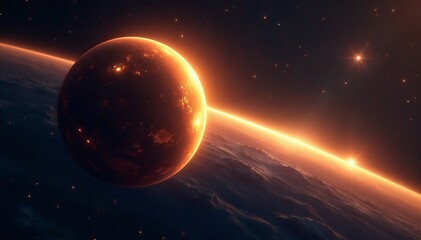 glowing golden planet orbit in starry deep space, astronomy, galaxy