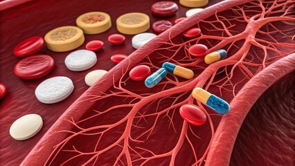 Poster - colourful pills and capsules against the background of veins