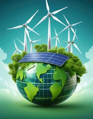 green energy planet with wind turbines and solar panels eco illustration