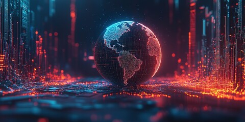 Wall Mural - digital world representation with glowing cities and data visualization at night