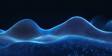 Wall Mural - waves of luminous blue pixels create an abstract digital landscape in a dark setting