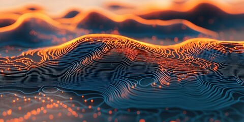 Wall Mural - digital landscape with glowing lines and dots representing data flows at twilight