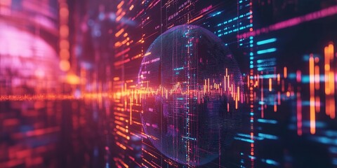 Wall Mural - vibrant digital sphere and waveform animation illuminating a futuristic data landscape