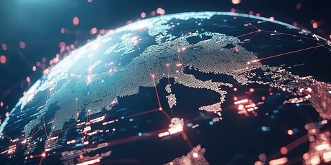 Wall Mural - digital representation of europe with glowing networks and data connections illustrating global comm