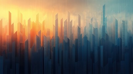 Wall Mural - A city skyline with a sunset in the background