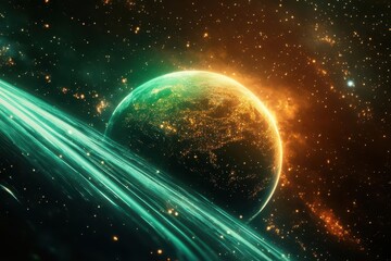 Wall Mural - digital earth cradled by orbiting silver bands, neon greens and oranges flaring against a starry void, sleek and bold with futuristic global harmony.