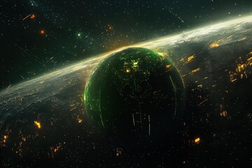 Wall Mural - digital earth cradled by orbiting silver bands, neon greens and oranges flaring against a starry void, sleek and bold with futuristic global harmony.