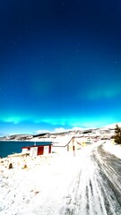 Wall Mural - Vertical View Of Aurora Lights Shined Above Rural Fishing Village In Norway. Timelapse