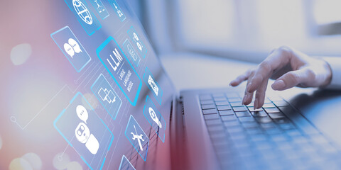 llm large language model technology and artificial intelligence applications on a virtual interface.