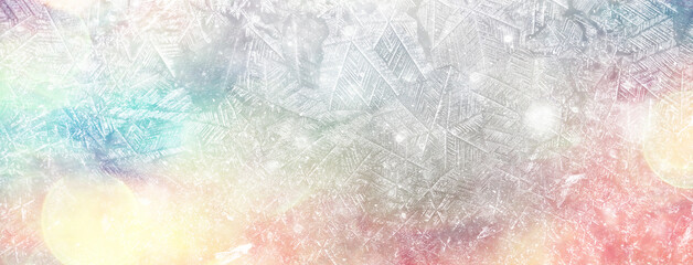 Poster - white winter background, frosty patterns on glass, abstract backdrop of ice and snow crystals in a blur