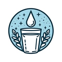 Wall Mural - glass of water with a droplet falling into it, framed by leaves and surrounded by stars on a light b