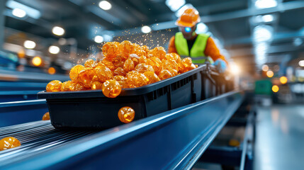 Leinwandbilder - worker in high visibility vest oversees conveyor belt transporting vibrant orange plastic materials in industrial recycling plant, highlighting efficient waste management