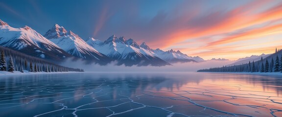 Tranquil alpine lake frozen surface reflecting the pastel-hued dawn sky and snow-capped peaks