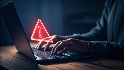 a person typing on a laptop, with a glowing warning symbol hovering above, suggesting a potential se