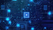 © Perfect Vector - Futuristic Abstract AI Circuit Board with Blue Tech Lines, Microchip, and Semiconductor Elements - Minimalist Vector Illustration