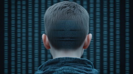 Aufkleber - Child s head with digital code overlay against a binary code background A conceptual image representing technology programming data and the future