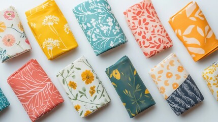Collection of colorful fabric squares with floral prints for quilting on white background