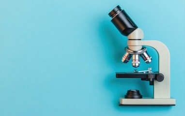 Poster - A high angle view of a modern light microscope on a bright blue background ideal for science education medical research or laboratory concepts