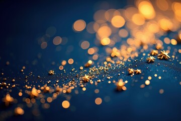 Wall Mural - a close-up view of sparkling golden glitter stars on a blue background, capturing the essence of cel