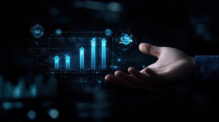 Wall Mural - futuristic hand presenting digital graphs and data visualization in vibrant neon colors with glowing
