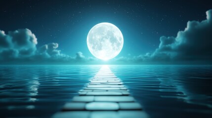 Wall Mural - a bright, full moon reflects brilliantly on the surface of a calm ocean, creating a shimmering path 