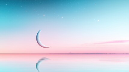 Wall Mural - a delicate, silver crescent moon hangs low in a pastel colored twilight sky, accompanied by a few fa