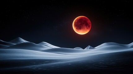 Wall Mural - a wide angle shot of a lunar eclipse over a dramatic landscape, with the partially eclipsed moon cas