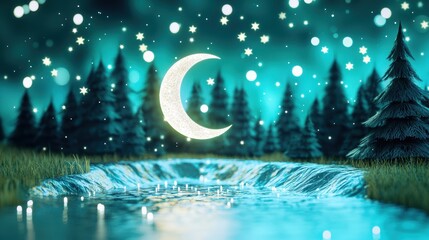 Wall Mural - a magical scene depicting a sparkling river flowing through a forest, illuminated by the soft glow o