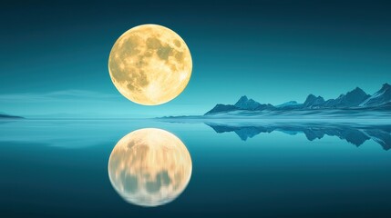 Wall Mural - a perfect reflection of the full moon shimmers on the surface of a still lake, creating a mesmerizin