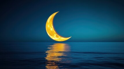 Wall Mural - a crescent moon hangs low over a tranquil ocean, its golden light creating a long, shimmering reflec