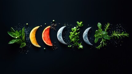 Wall Mural - a creative representation of the moon phases using different objects, such as fruit, cookies, or eve