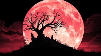 Wall Mural - the crumbling ruins of an ancient castle are silhouetted against a blood moon during a lunar eclipse