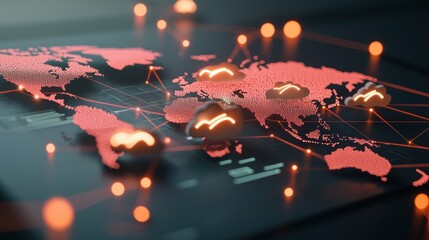 Wall Mural - A world map with glowing lines connecting multiple cloud icons, illustrating global data synchronization and accessibility from anywhere in the world.