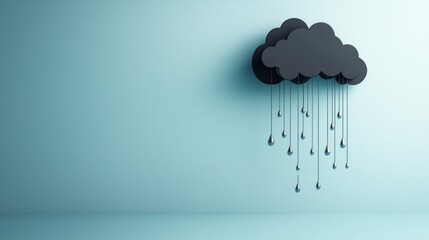 Wall Mural - A dark gray cloud icon with stylized raindrops falling from it, symbolizing rainy weather conditions, set against a light blue background.