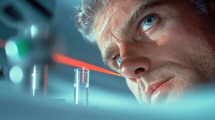 Wall Mural - a scientist in a laboratory aiming a red laser beam at a test tube, signifying research and scientif