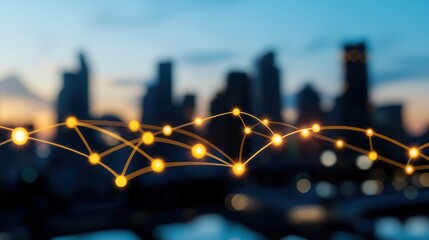 Wall Mural - glowing energy beams connecting a network of futuristic buildings, representing a source of clean an