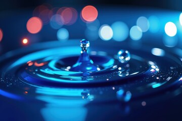 Wall Mural - a close-up of a single water drop creating ripples in a blue surface under soft light, capturing the