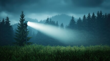 Wall Mural - a lone searchlight beam cutting through a foggy night, creating an eerie and mysterious atmosphere.